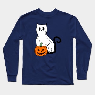 Funny Black Cat Ghost Pumpkin Spooky Vibes Halloween Party Costume Long Sleeve T-Shirt